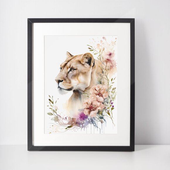 Cute Floral Lioness Watercolor Wall Art Illustration Print Poster Card Unframed - Picture 3 of 5
